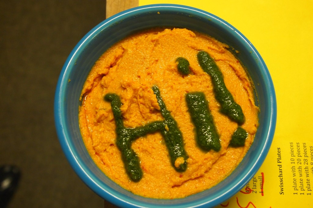 I wrote on top of each sundried hummus a fun message - just saying hello via basil oil!